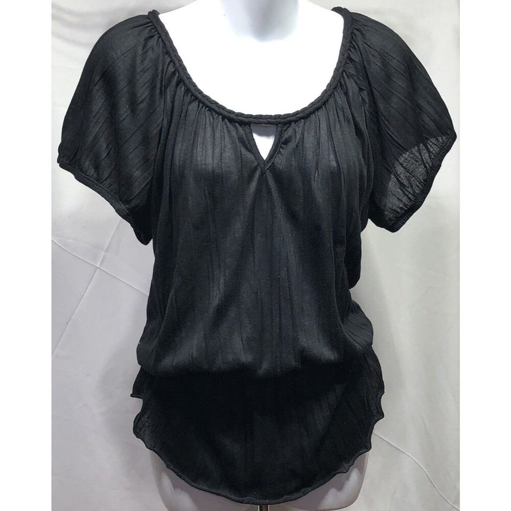 Mix & Co Blouson Top 1X Blk Braided Scoop Keyhole Neck ShortSleeve Whimsigoth